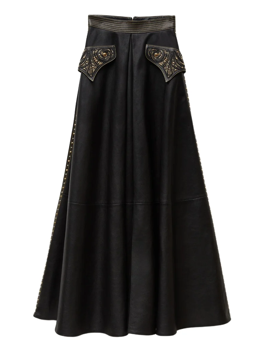 Embroidered Nappa Long Skirt