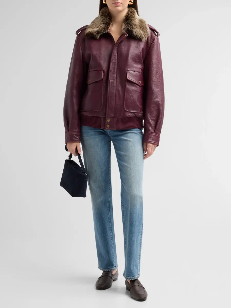 LoveShackFancy Women's Eveline Faux-Fur Collar Leather Jacket | Thumbnail 2