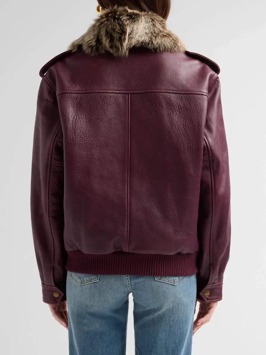 LoveShackFancy Women's Eveline Faux-Fur Collar Leather Jacket | Thumbnail 3