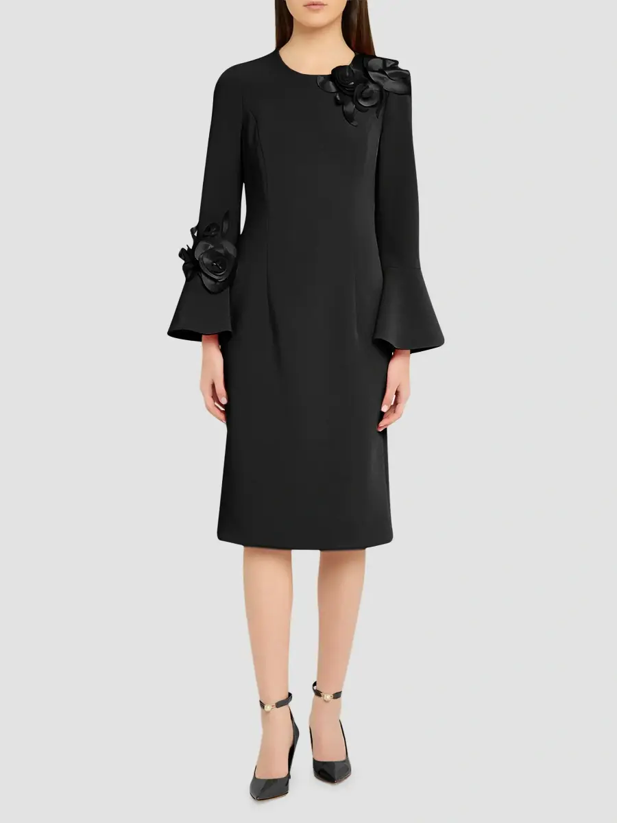 Teri Jon by Rickie Freeman Women's Flower Appliqué Flair-Cuff Mikado Crepe Midi-Dress | Thumbnail 2