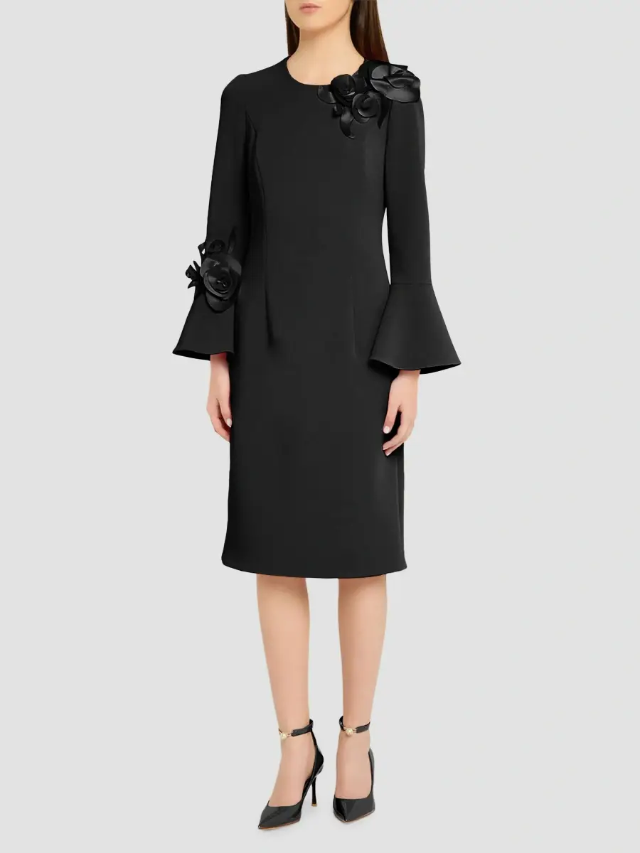 Teri Jon by Rickie Freeman Women's Flower Appliqué Flair-Cuff Mikado Crepe Midi-Dress | Thumbnail 3