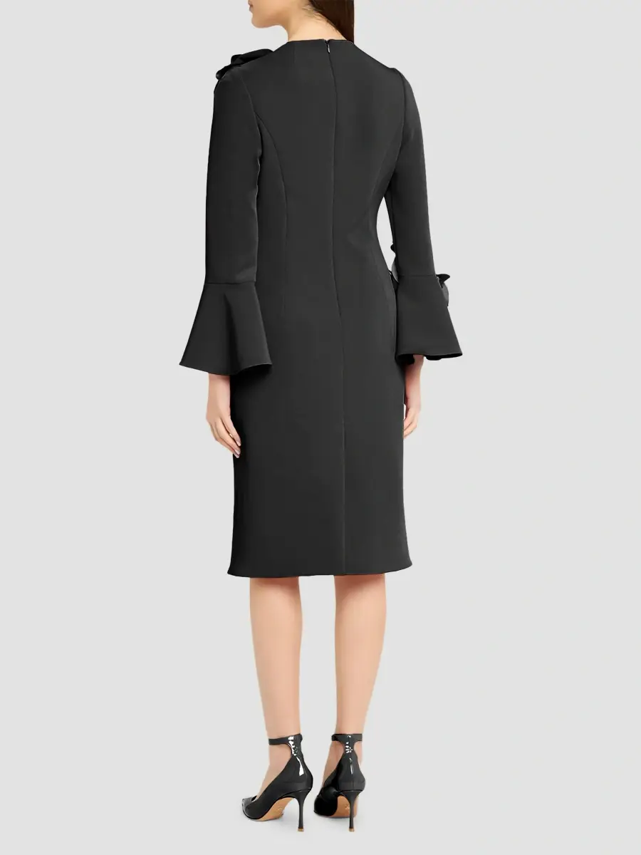 Teri Jon by Rickie Freeman Women's Flower Appliqué Flair-Cuff Mikado Crepe Midi-Dress | Thumbnail 4
