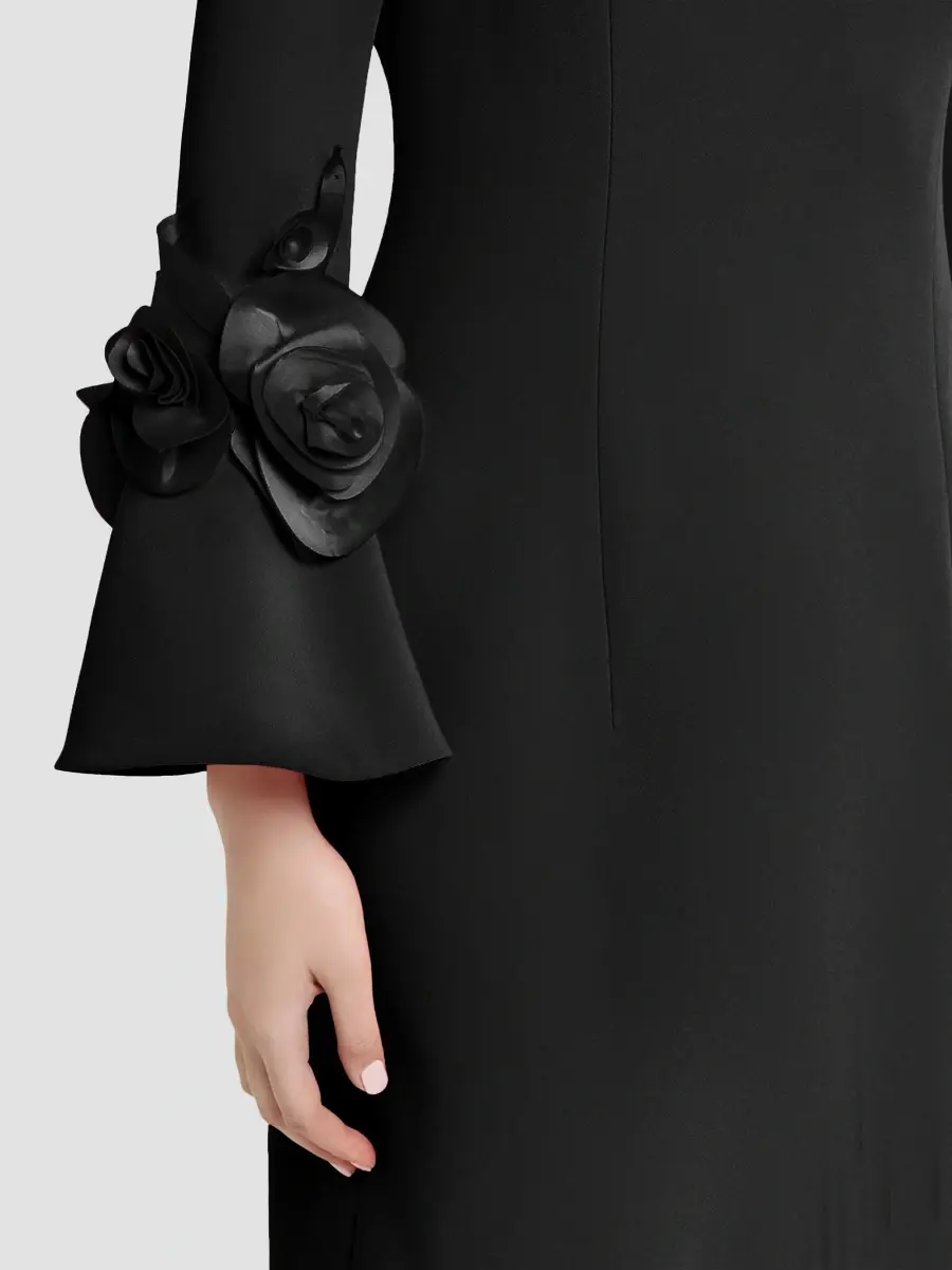 Teri Jon by Rickie Freeman Women's Flower Appliqué Flair-Cuff Mikado Crepe Midi-Dress | Thumbnail 5