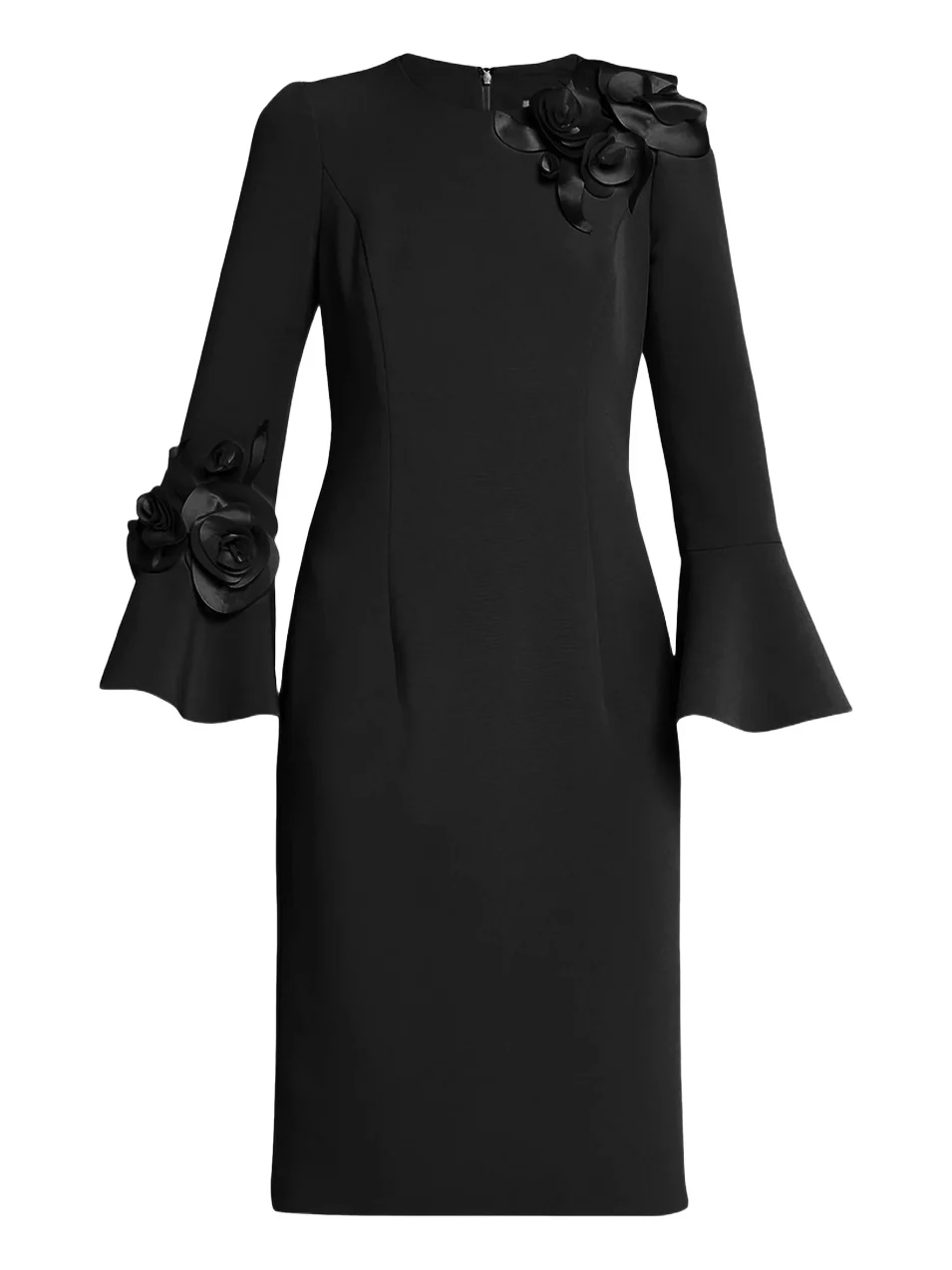 Women's Flower Appliqué Flair-Cuff Mikado Crepe Midi-Dress