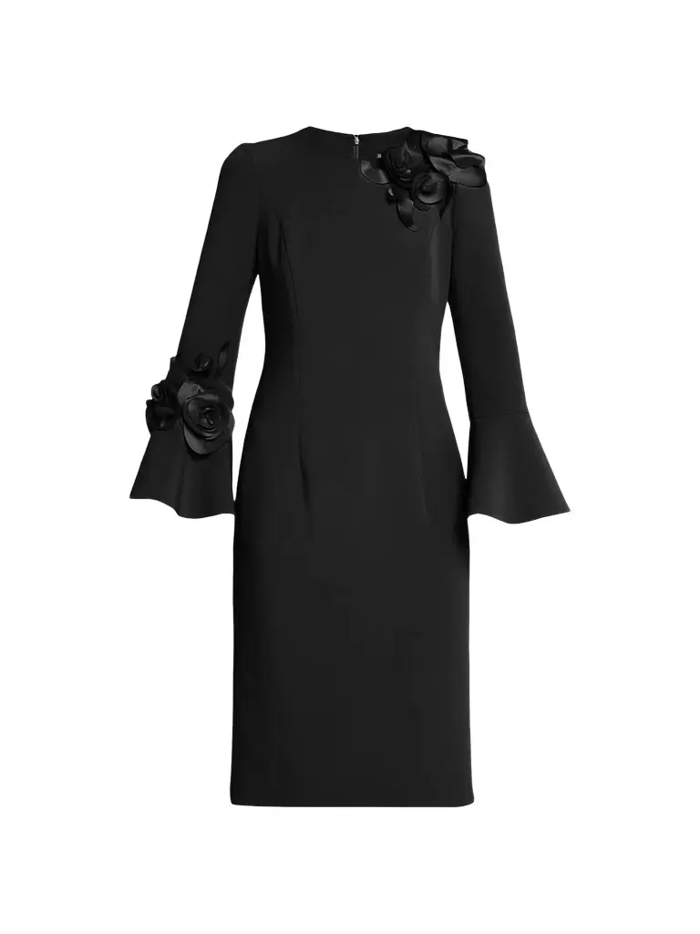 Women's Flower Appliqué Flair-Cuff Mikado Crepe Midi-Dress Women's Flower Appliqué Flair-Cuff Mikado Crepe Midi-Dress