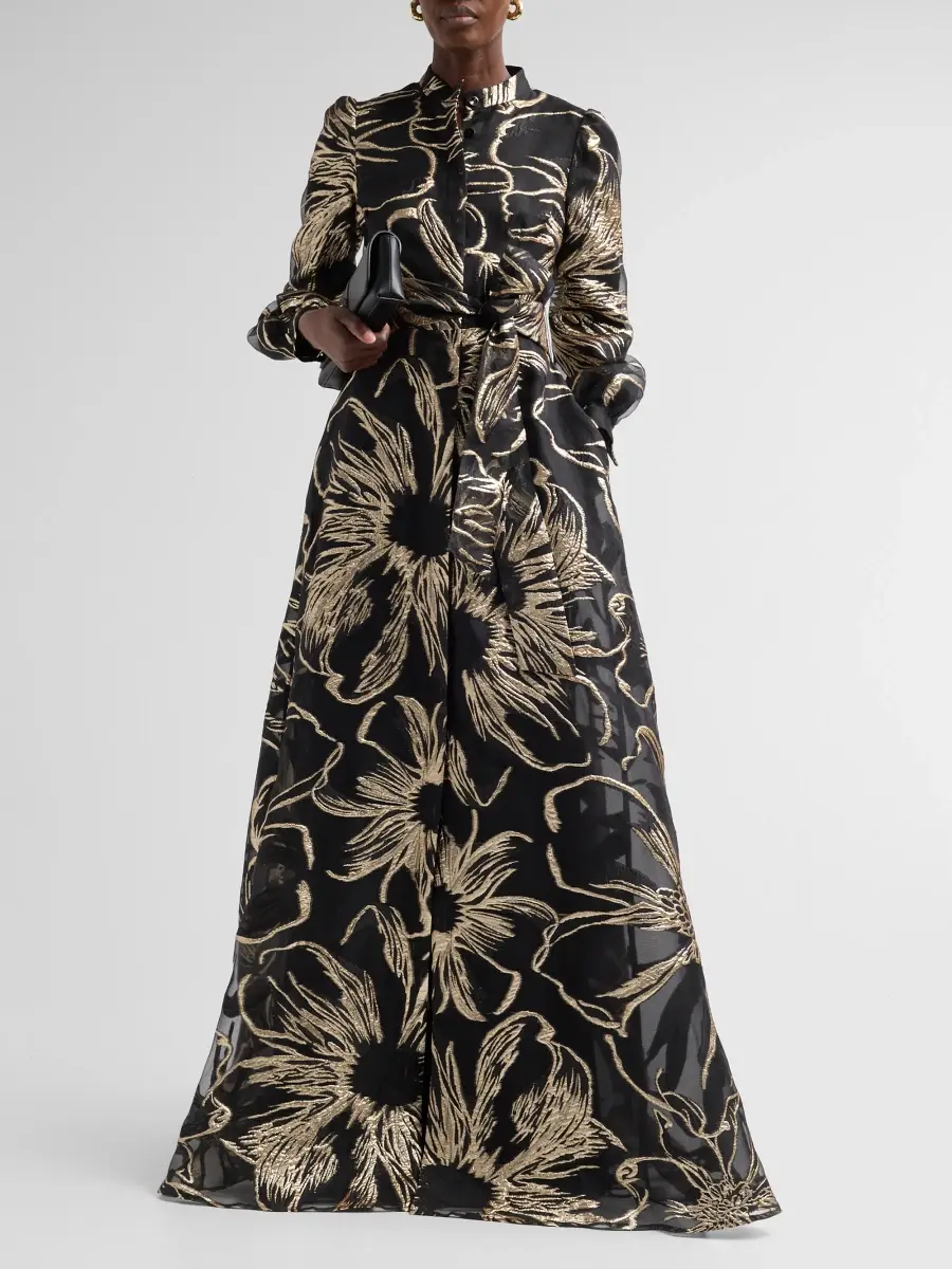 Teri Jon by Rickie Freeman Women's Floral Jacqaurd Shirtwaist Gown | Thumbnail 2