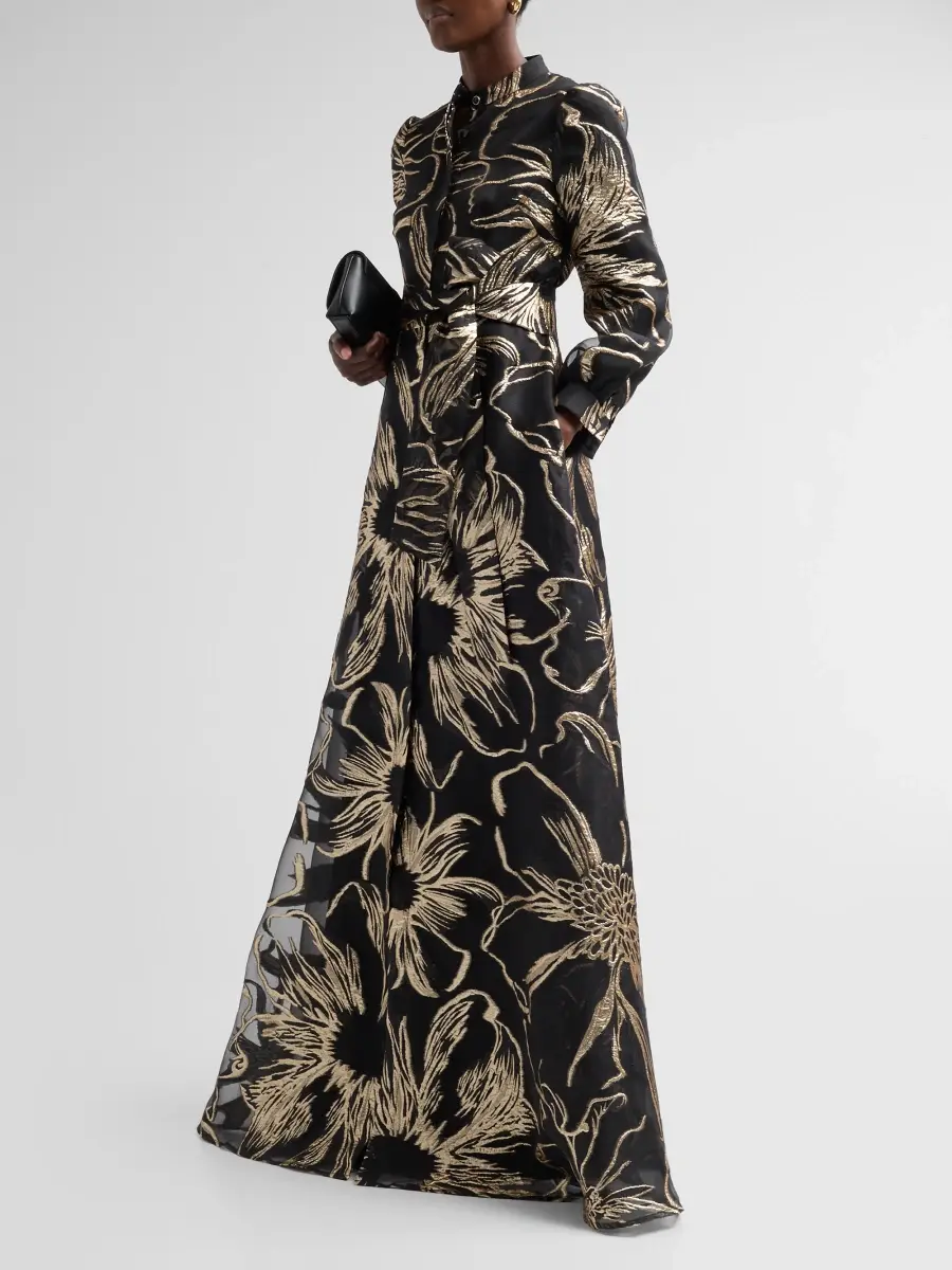 Teri Jon by Rickie Freeman Women's Floral Jacqaurd Shirtwaist Gown | Thumbnail 4