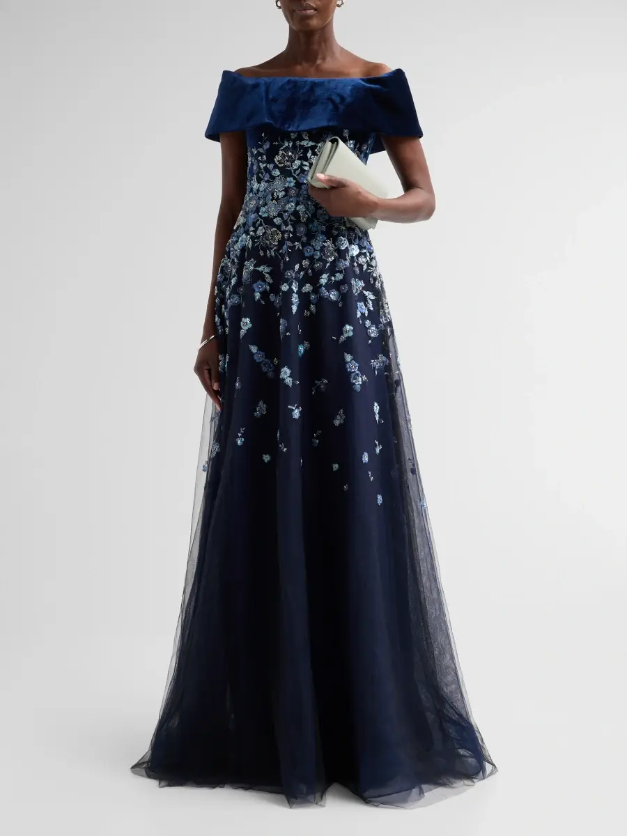 Teri Jon by Rickie Freeman Women's Velvet & Floral-Embroidered Tulle Off-The-ShoulderGown | Thumbnail 2 Teri Jon by Rickie Freeman Women's Velvet & Floral-Embroidered Tulle Off-The-ShoulderGown | Thumbnail 2