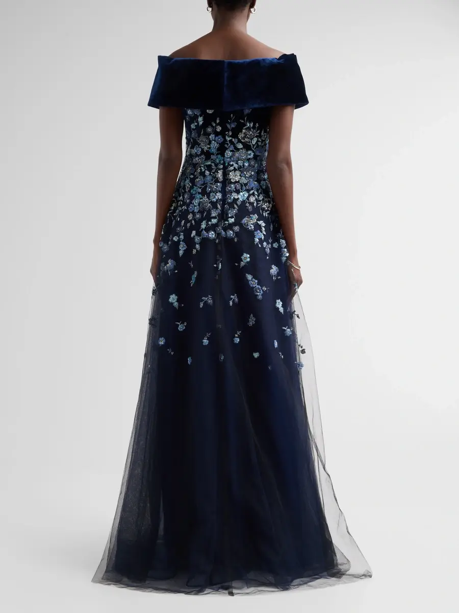 Teri Jon by Rickie Freeman Women's Velvet & Floral-Embroidered Tulle Off-The-ShoulderGown | Thumbnail 3 Teri Jon by Rickie Freeman Women's Velvet & Floral-Embroidered Tulle Off-The-ShoulderGown | Thumbnail 3