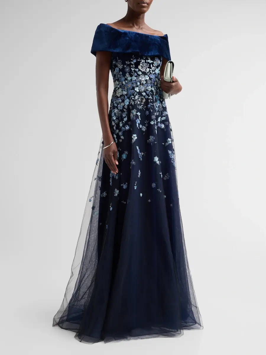 Teri Jon by Rickie Freeman Women's Velvet & Floral-Embroidered Tulle Off-The-ShoulderGown | Thumbnail 4 Teri Jon by Rickie Freeman Women's Velvet & Floral-Embroidered Tulle Off-The-ShoulderGown | Thumbnail 4