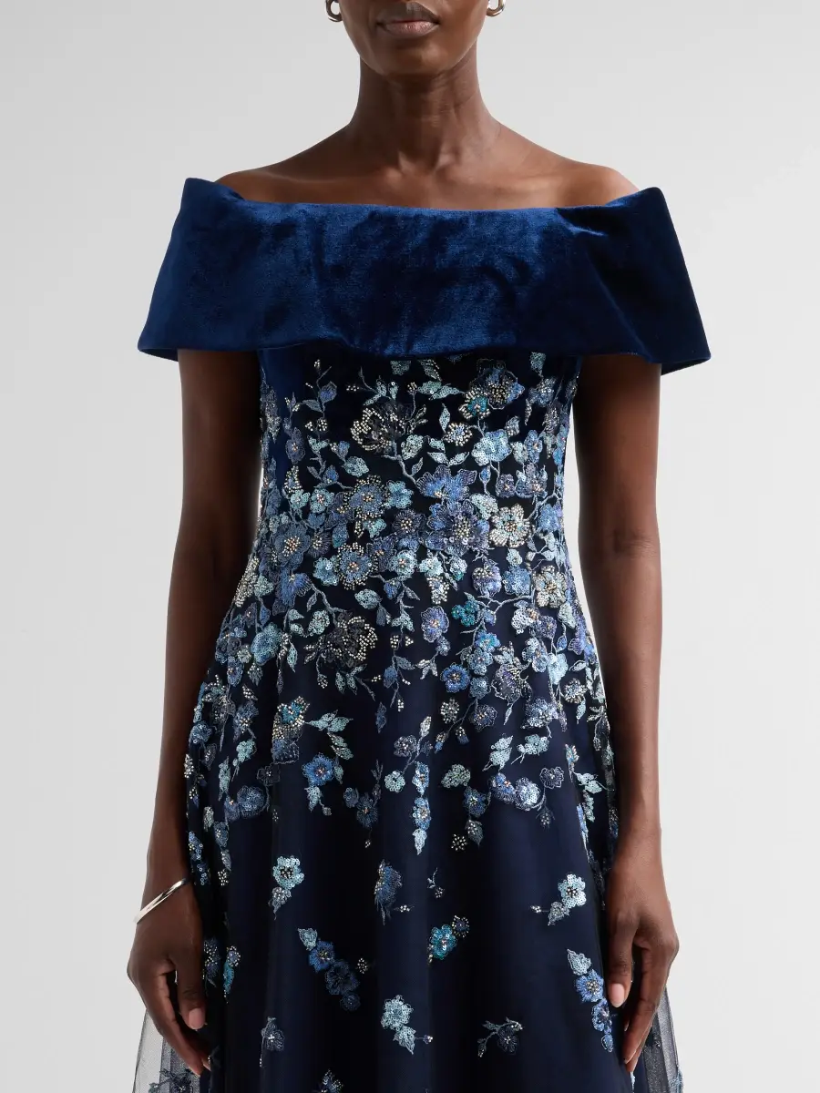 Teri Jon by Rickie Freeman Women's Velvet & Floral-Embroidered Tulle Off-The-ShoulderGown | Thumbnail 5 Teri Jon by Rickie Freeman Women's Velvet & Floral-Embroidered Tulle Off-The-ShoulderGown | Thumbnail 5