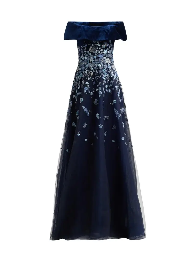 Teri Jon by Rickie Freeman Women's Velvet & Floral-Embroidered Tulle Off-The-ShoulderGown