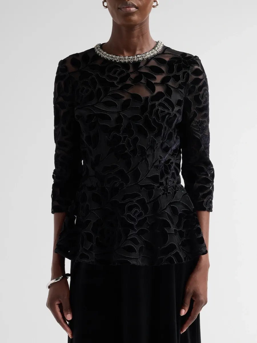 Teri Jon by Rickie Freeman Women's Velvet Leaf Peplum Cocktail Dress | Thumbnail 5
