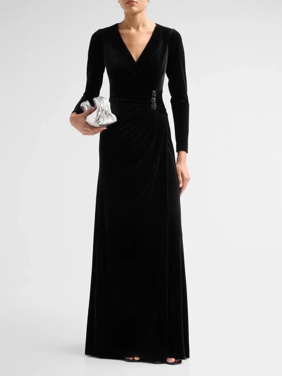 Teri Jon by Rickie Freeman Women's Velvet Beaded Accent A-Line Gown | Thumbnail 2 Teri Jon by Rickie Freeman Women's Velvet Beaded Accent A-Line Gown | Thumbnail 2