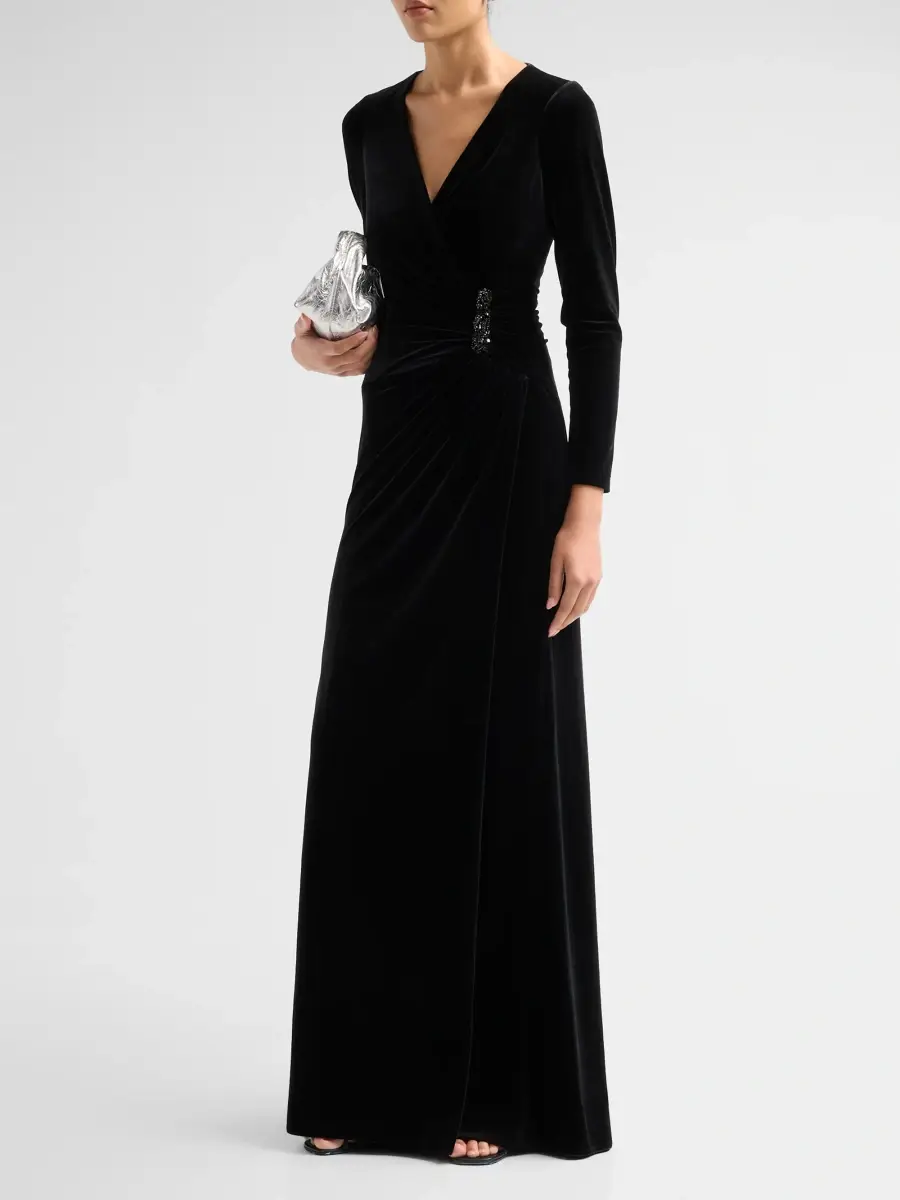 Teri Jon by Rickie Freeman Women's Velvet Beaded Accent A-Line Gown | Thumbnail 4 Teri Jon by Rickie Freeman Women's Velvet Beaded Accent A-Line Gown | Thumbnail 4