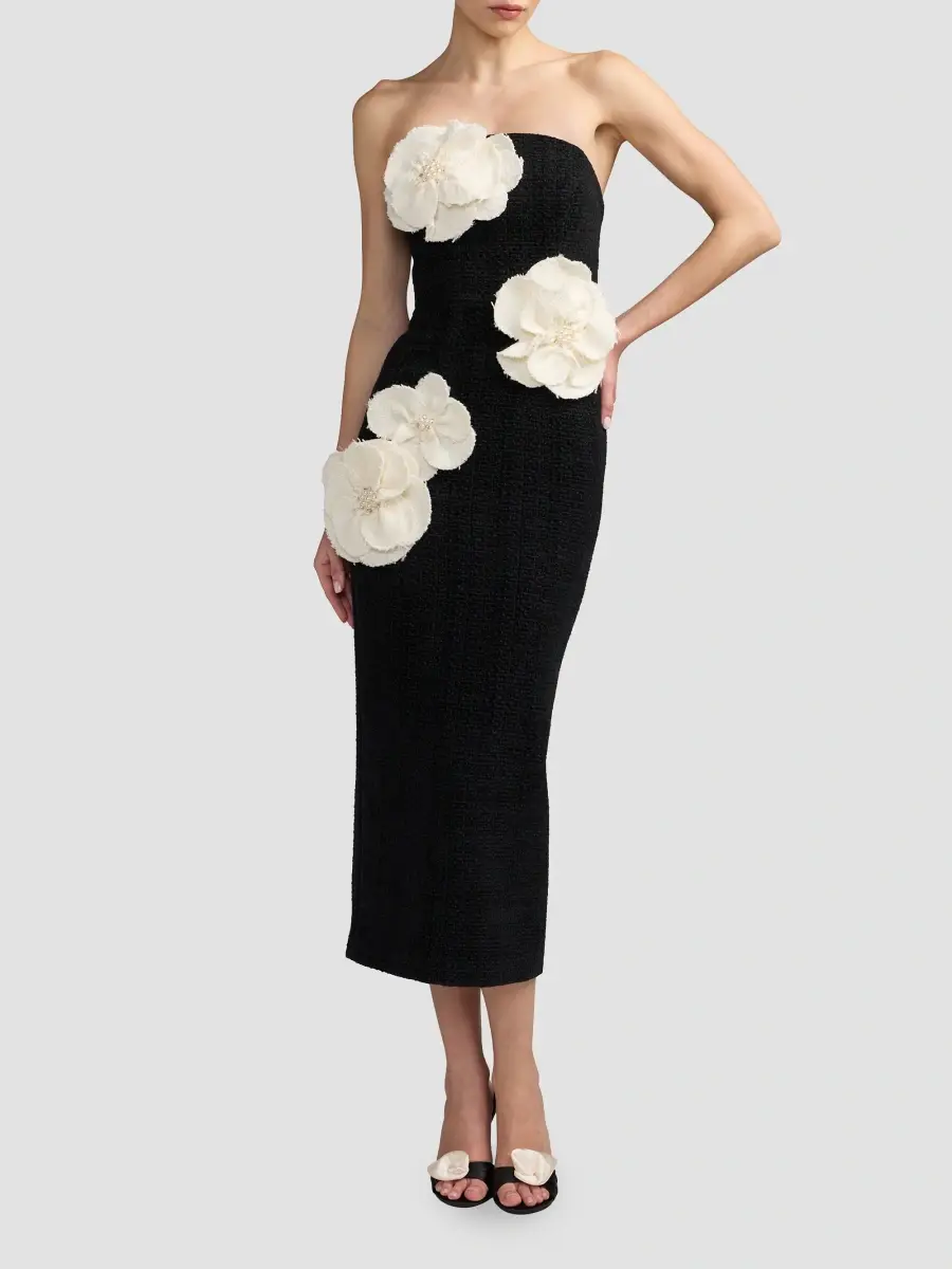 Mac Duggal Women's Floral Appliqué Bouclé Strapless Midi-Dress | Thumbnail 2 Mac Duggal Women's Floral Appliqué Bouclé Strapless Midi-Dress | Thumbnail 2