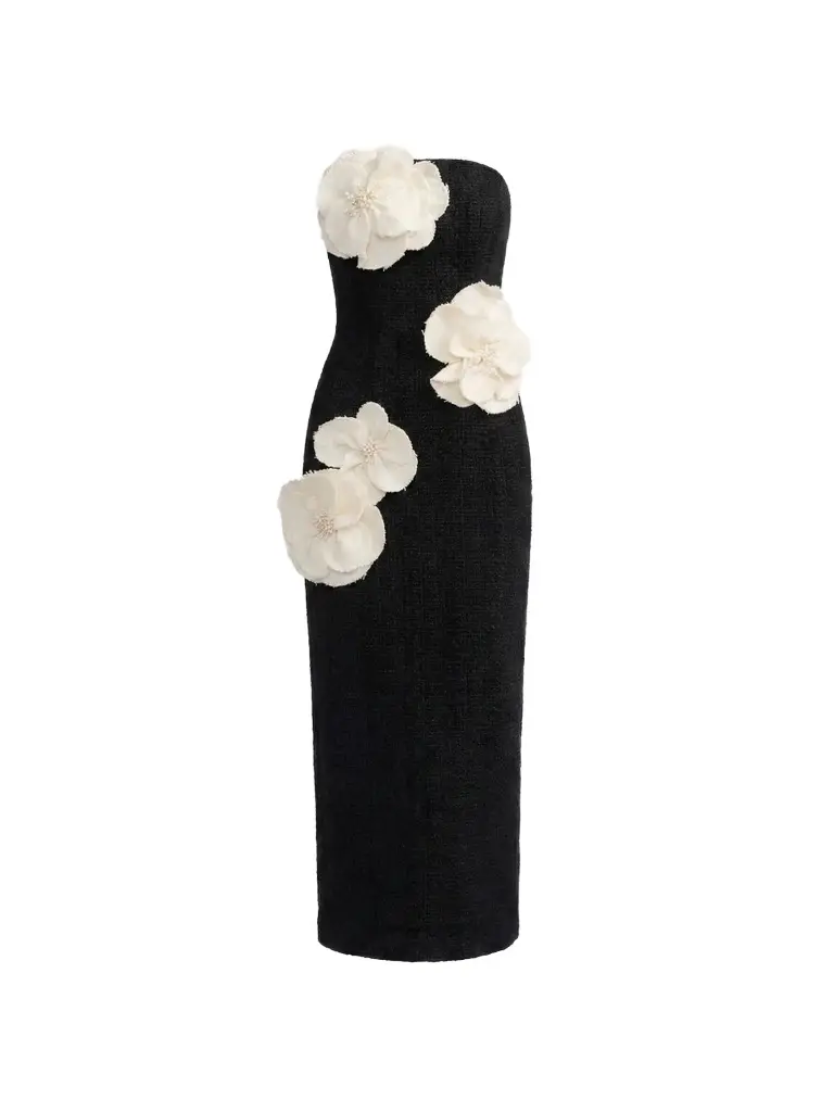Women's Floral Appliqué Bouclé Strapless Midi-Dress Women's Floral Appliqué Bouclé Strapless Midi-Dress