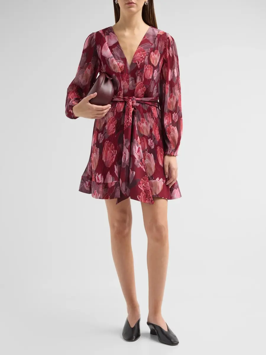 Milly Women's Liv Floral Pleated Tie-Waist Mini Dress | Thumbnail 2