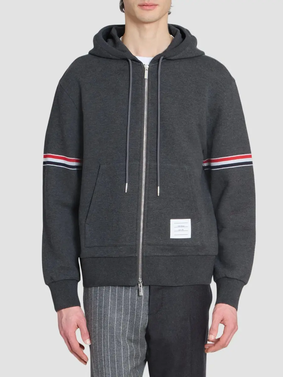 Thom Browne Men's RWB Engineered Stripe Cotton Loopback Full-Zip Hoodie | Thumbnail 3 Thom Browne Men's RWB Engineered Stripe Cotton Loopback Full-Zip Hoodie | Thumbnail 3