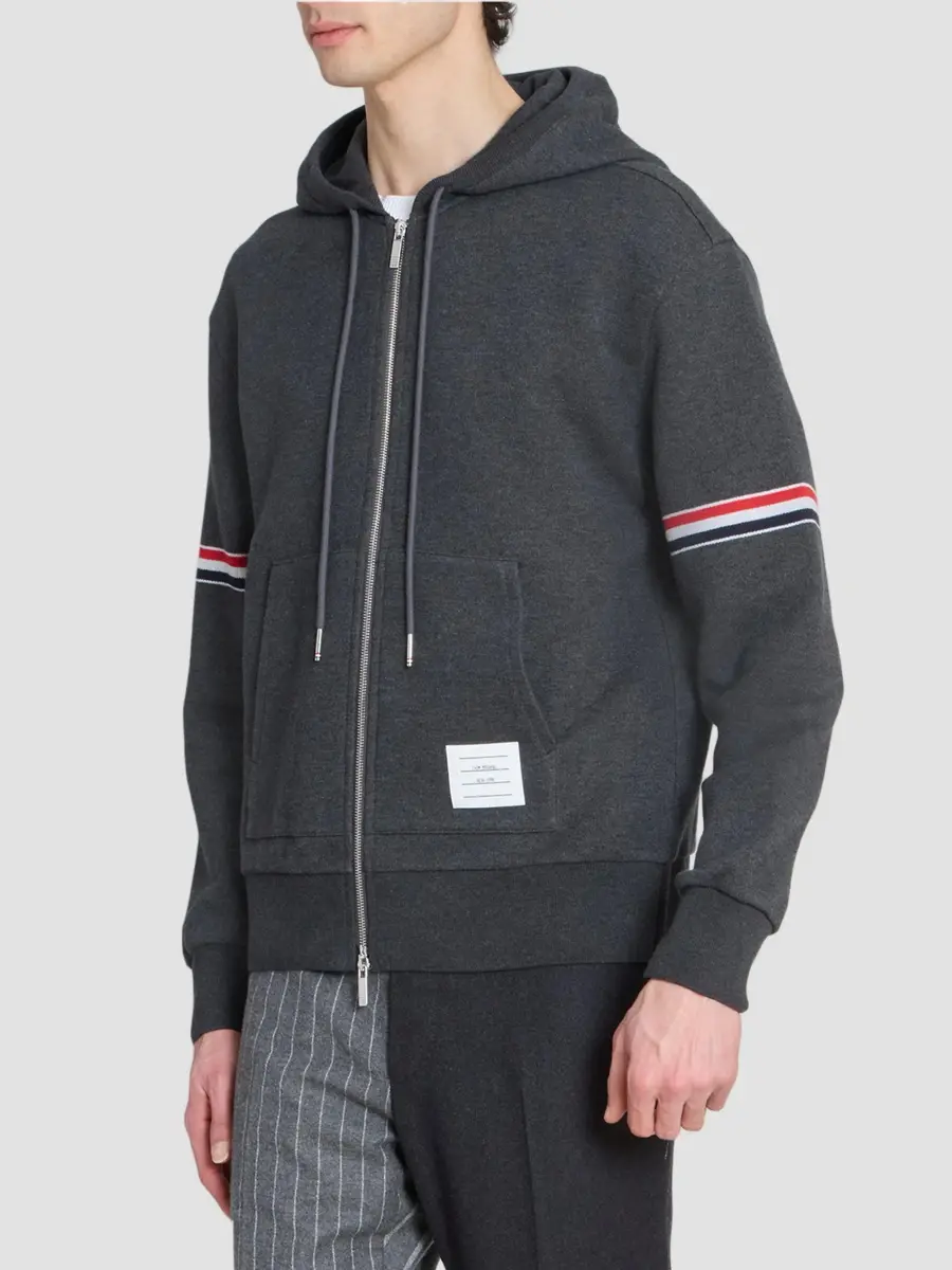Thom Browne Men's RWB Engineered Stripe Cotton Loopback Full-Zip Hoodie | Thumbnail 4 Thom Browne Men's RWB Engineered Stripe Cotton Loopback Full-Zip Hoodie | Thumbnail 4