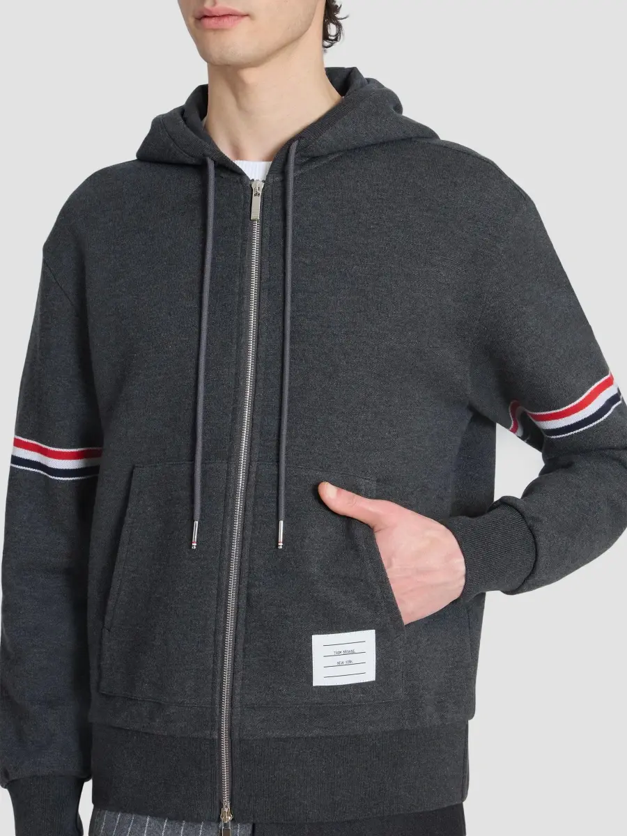 Thom Browne Men's RWB Engineered Stripe Cotton Loopback Full-Zip Hoodie | Thumbnail 6 Thom Browne Men's RWB Engineered Stripe Cotton Loopback Full-Zip Hoodie | Thumbnail 6