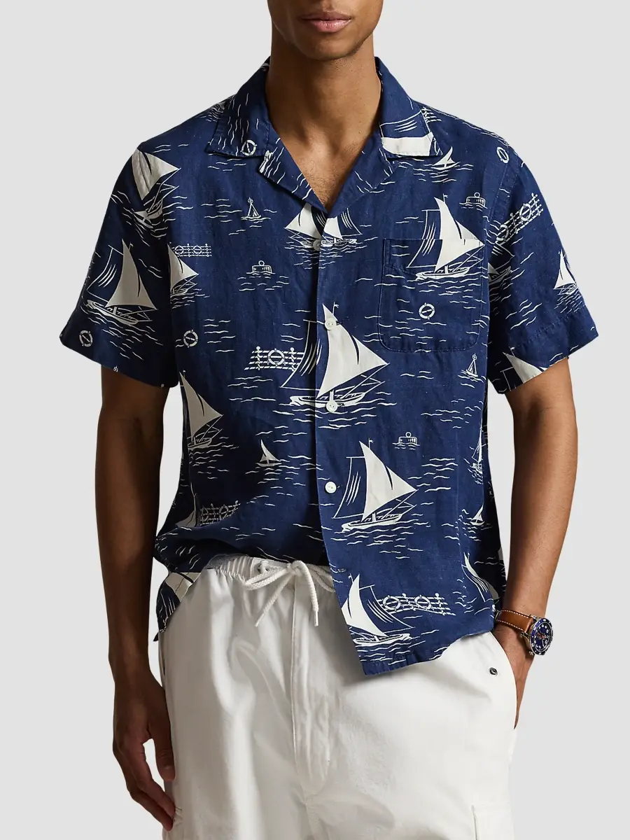 Polo Ralph Lauren Men's Sailboat-Print Linen-Silk Camp Shirt | Thumbnail 4 Polo Ralph Lauren Men's Sailboat-Print Linen-Silk Camp Shirt | Thumbnail 4