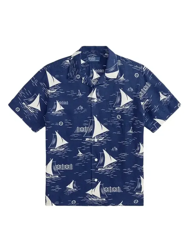 Men's Sailboat-Print Linen-Silk Camp Shirt