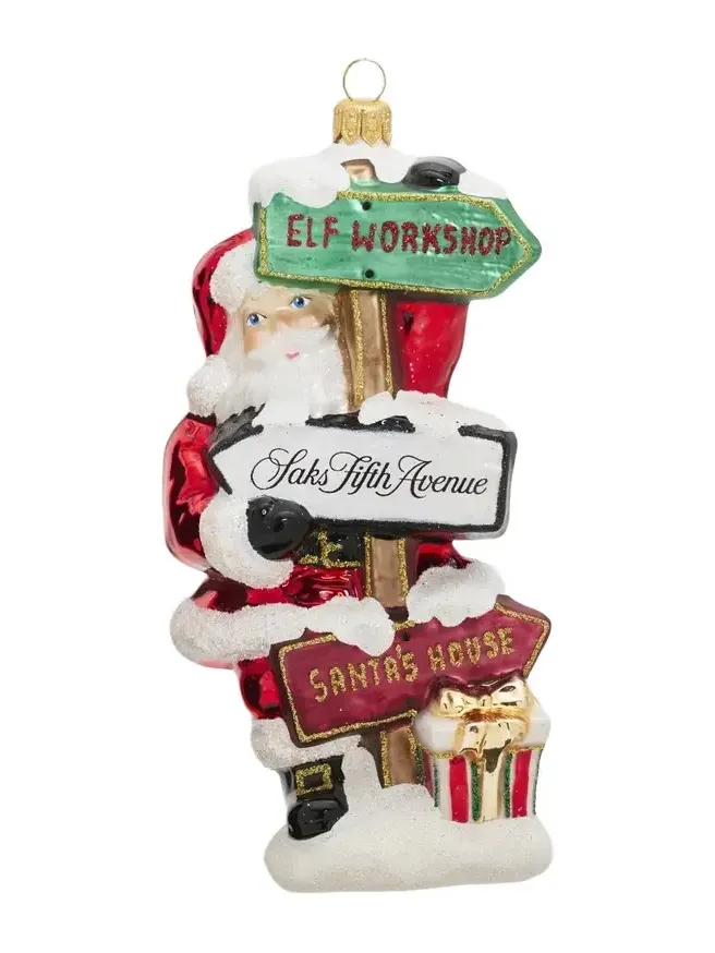 Saks Fifth Avenue Santa With Road Signs Glass Ornament