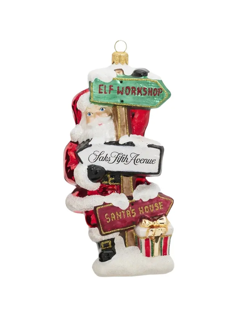 Saks Fifth Avenue Santa With Road Signs Glass Ornament