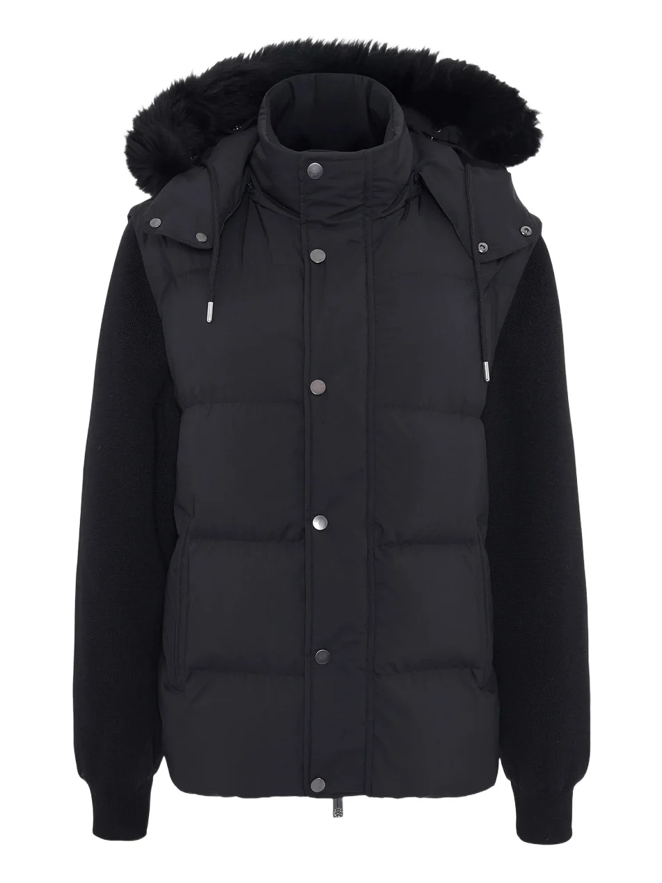 Men's Quilted Down Bomber Jacket with Detachable Sleeves and Shearling Hood - Black Men's Quilted Down Bomber Jacket with Detachable Sleeves and Shearling Hood - Black