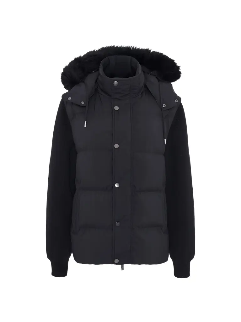 Gorski Men's Quilted Down Bomber Jacket with Detachable Sleeves and Shearling Hood