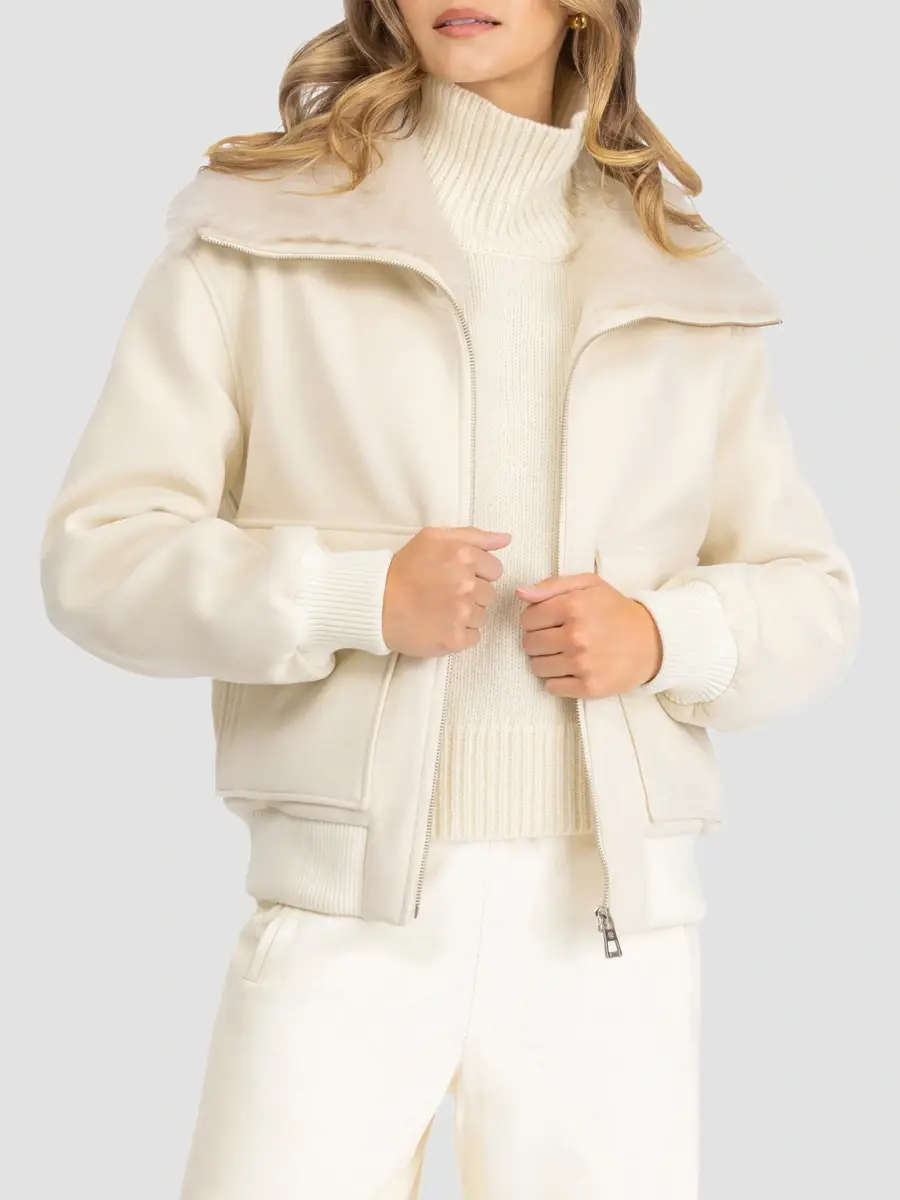 Gorski Women's Fabric Coat with Select Shearling Lamb Collar | Thumbnail 3 Gorski Women's Fabric Coat with Select Shearling Lamb Collar | Thumbnail 3
