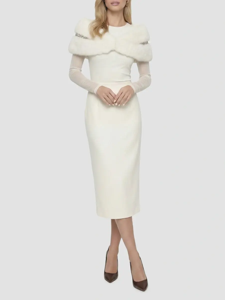 Lyla Grant Women's Faux Fur Fox Stole with Rhinestone Inserts - White | Thumbnail 2