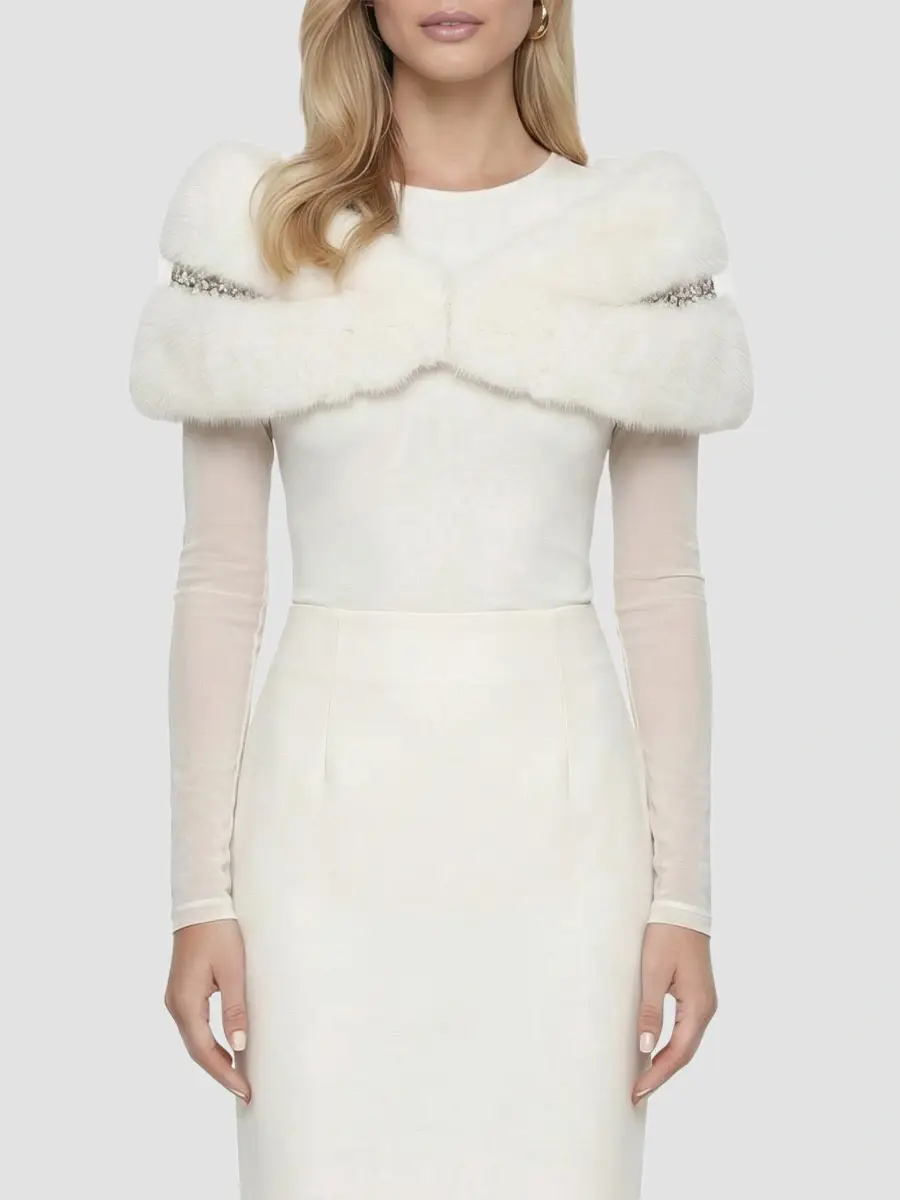 Lyla Grant Women's Faux Fur Fox Stole with Rhinestone Inserts - White | Thumbnail 3