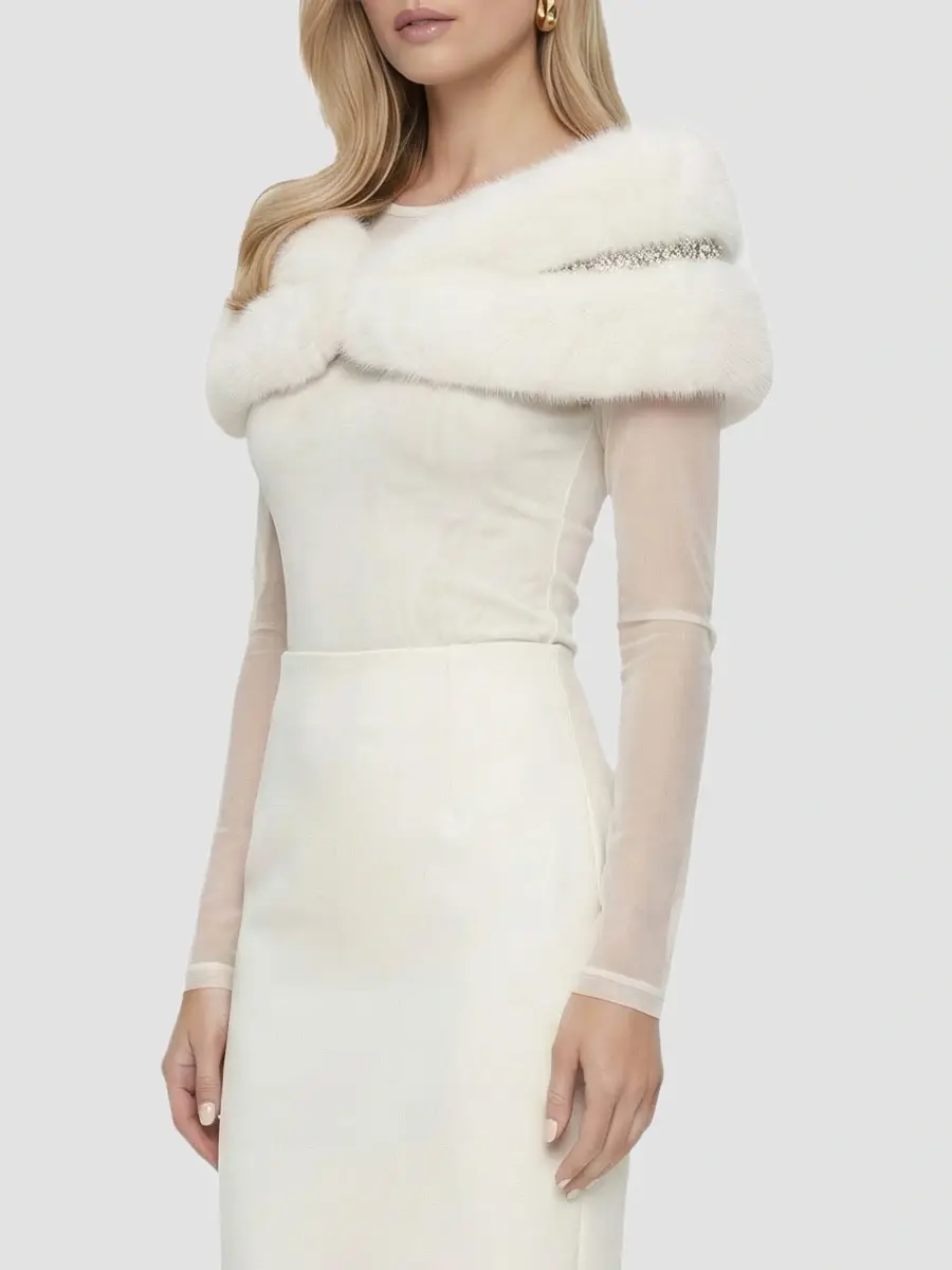 Lyla Grant Women's Faux Fur Fox Stole with Rhinestone Inserts - White | Thumbnail 4
