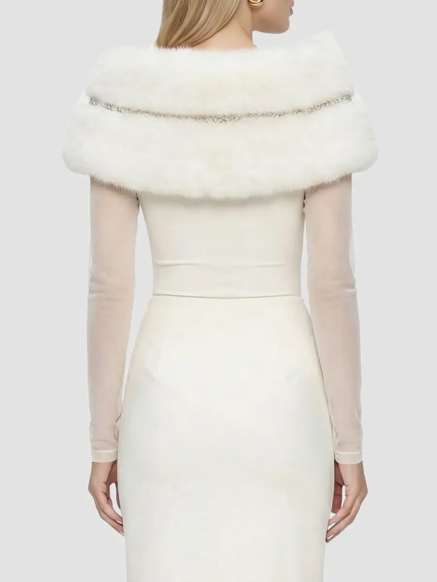 Lyla Grant Women's Faux Fur Fox Stole with Rhinestone Inserts - White | Thumbnail 5