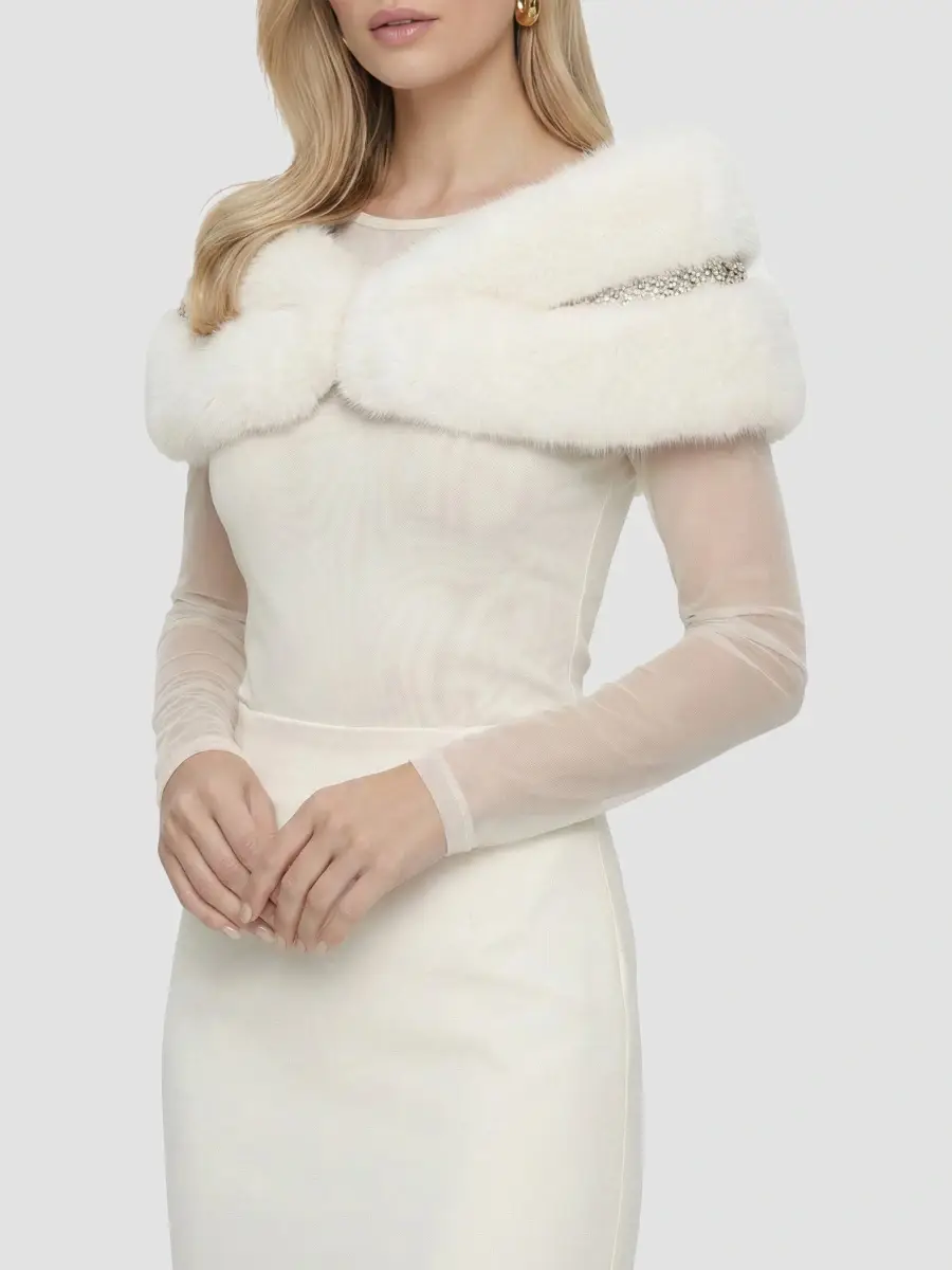 Lyla Grant Women's Faux Fur Fox Stole with Rhinestone Inserts - White | Thumbnail 6