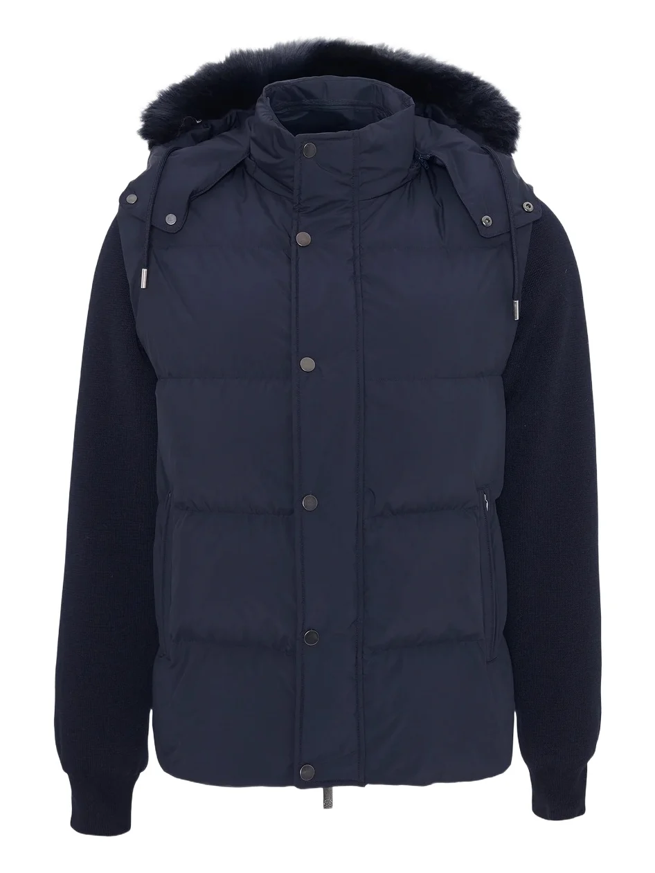 Men's Quilted Down Bomber Jacket with Detachable Sleeves and Shearling Hood - Navy Men's Quilted Down Bomber Jacket with Detachable Sleeves and Shearling Hood - Navy