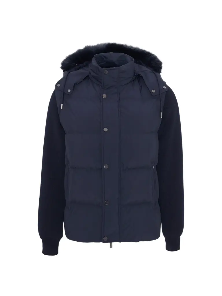 Gorski Men's Quilted Down Bomber Jacket with Detachable Sleeves and Shearling Hood