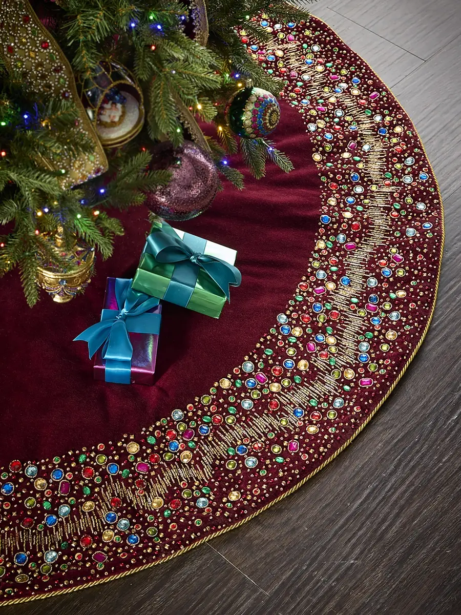 Christmas Cheer Embellished Cotton Velvet Tree Skirt Christmas Cheer Embellished Cotton Velvet Tree Skirt