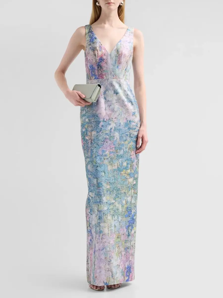 PAMELLA ROLAND Women's Abstract Embellished Tulle V-Neck Gown | Thumbnail 2 PAMELLA ROLAND Women's Abstract Embellished Tulle V-Neck Gown | Thumbnail 2