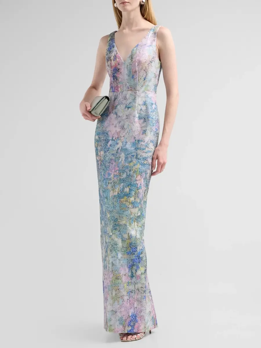PAMELLA ROLAND Women's Abstract Embellished Tulle V-Neck Gown | Thumbnail 4 PAMELLA ROLAND Women's Abstract Embellished Tulle V-Neck Gown | Thumbnail 4