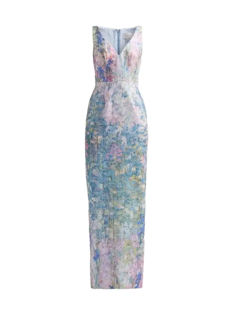 Women's Abstract Embellished Tulle V-Neck Gown