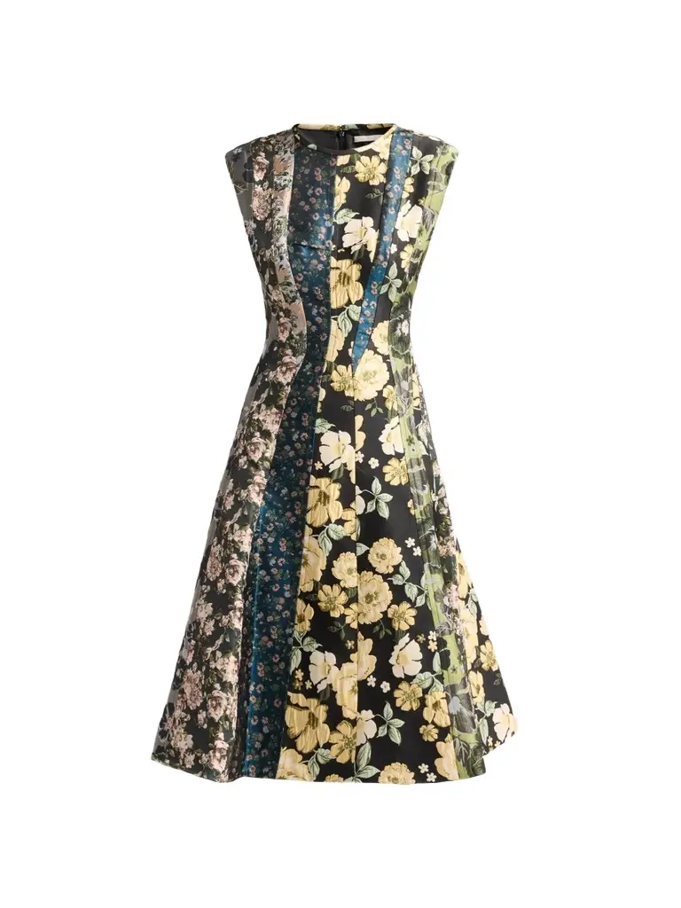 Women's Mixed Floral Jacquard Paneled Midi Dress Women's Mixed Floral Jacquard Paneled Midi Dress