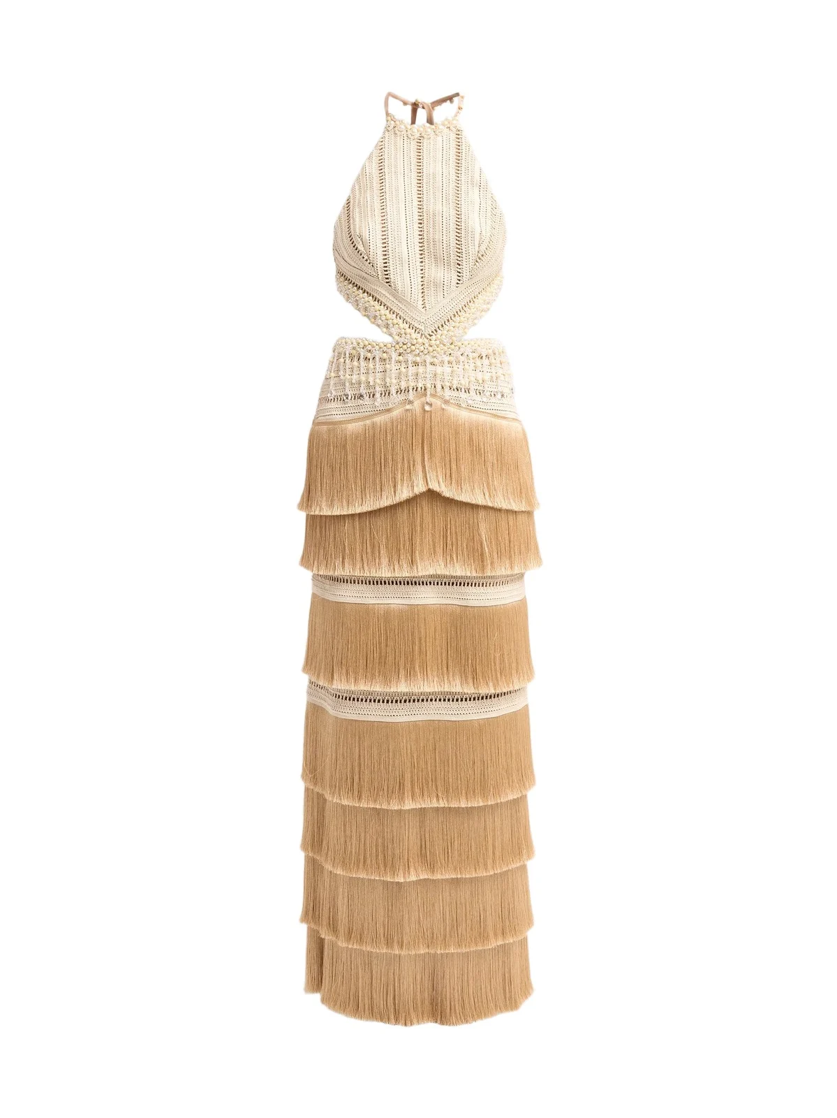 Women's Crochet Petal-Fringe Halterneck Maxi Dress