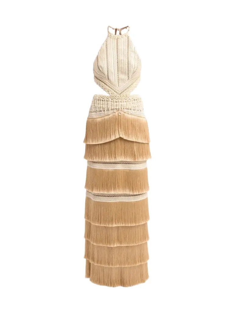 PatBo Women's Crochet Petal-Fringe Halterneck Maxi Dress