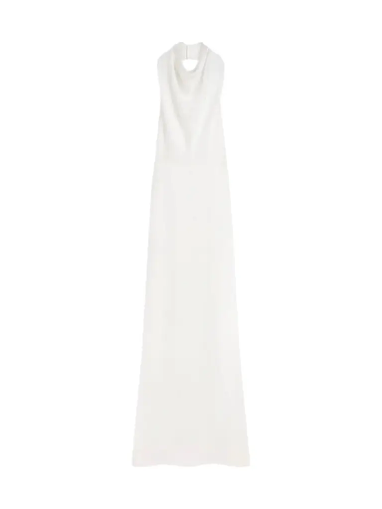 Women's Long Draped Halter Neck Dress in Satin Crepe - Off White Women's Long Draped Halter Neck Dress in Satin Crepe - Off White