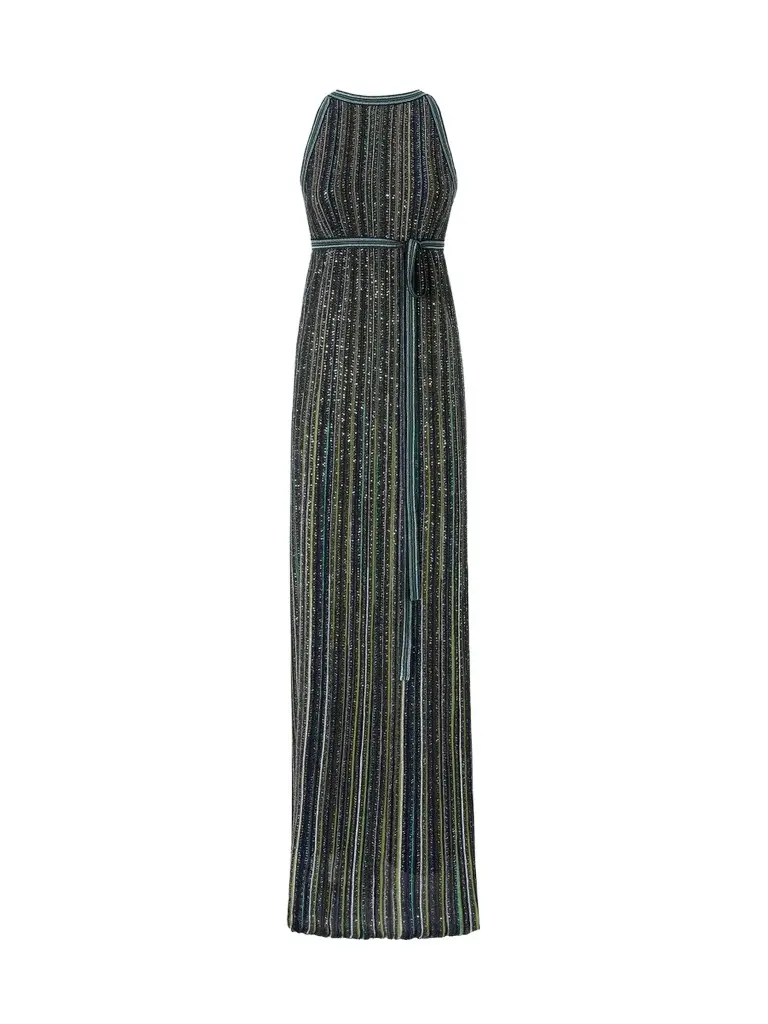 Women's Sequin-Embroidered Striped Belted Maxi Dress Women's Sequin-Embroidered Striped Belted Maxi Dress