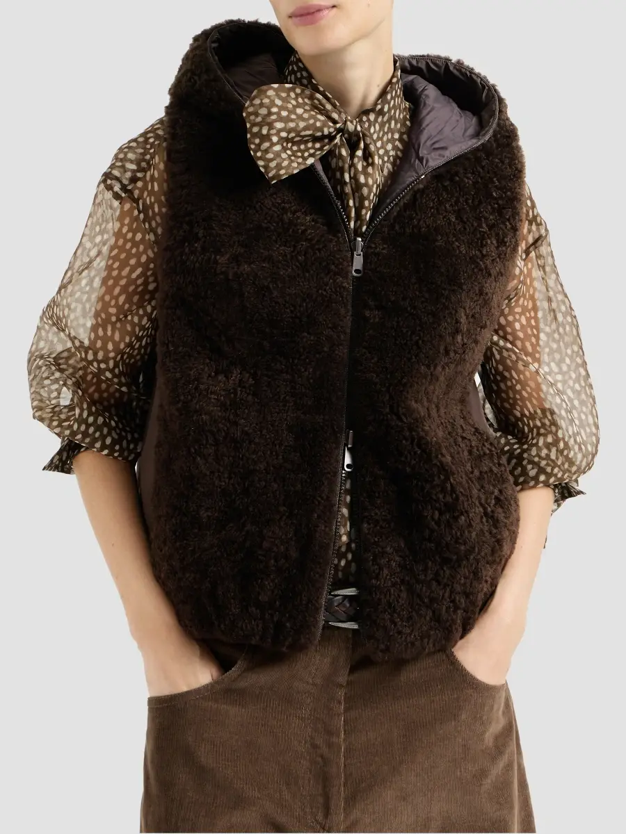 Brunello Cucinelli Women's Cashmere Shearling Reversible Hooded Vest | Thumbnail 2