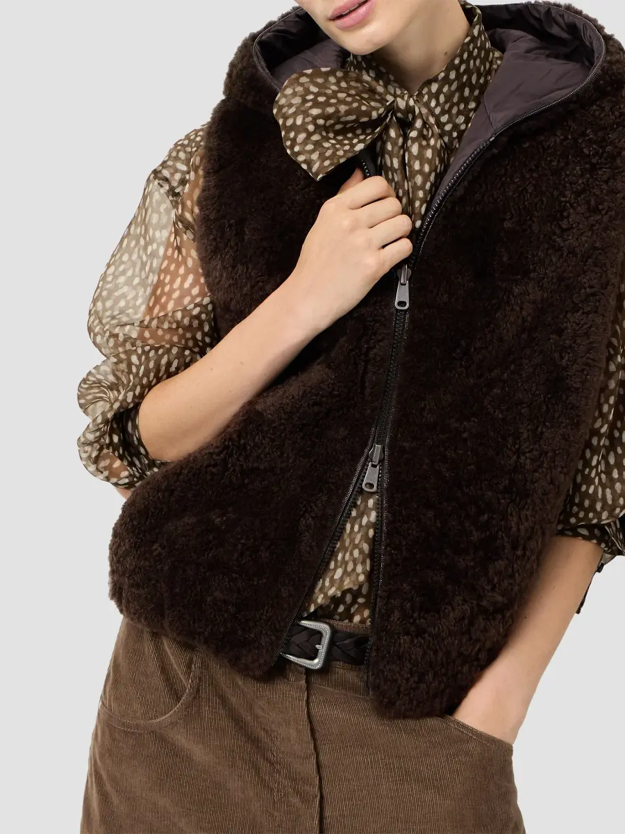 Brunello Cucinelli Women's Cashmere Shearling Reversible Hooded Vest | Thumbnail 4